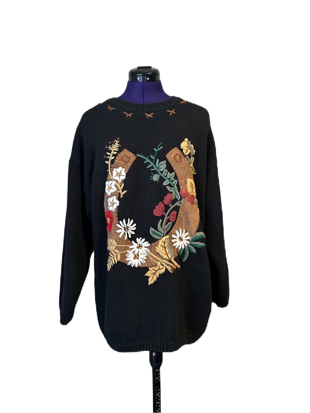 Vintage Cambridge Outfitters Black Knit Embroidered Horseshoe Floral Sweater